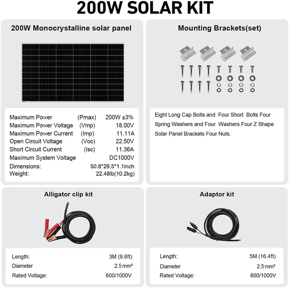 200W 18V Solar Panel Kit for 12V Systems, Brackets, 5 m Cable | Includes aluminum-frame panel, mounting brackets