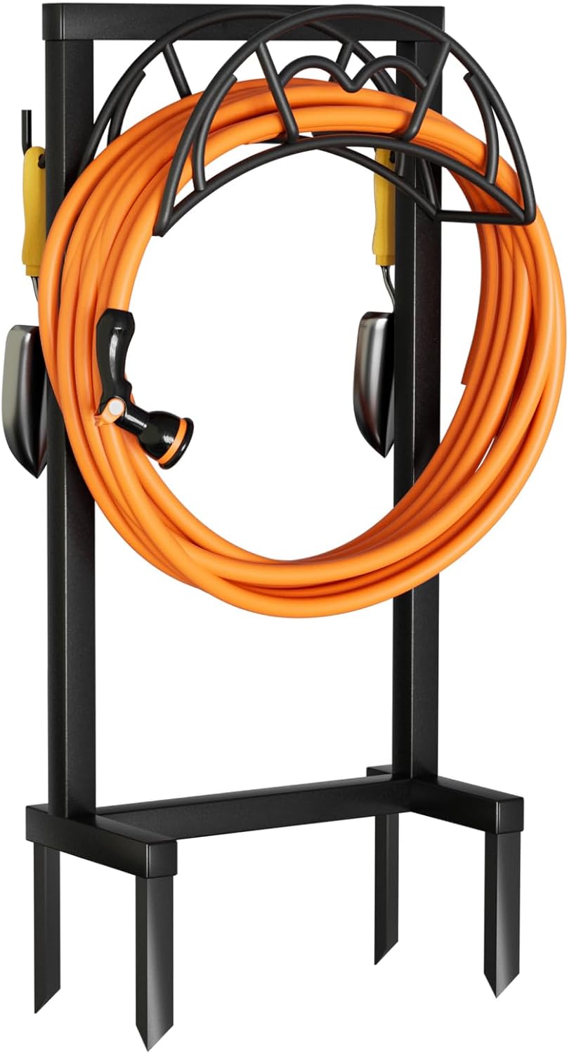 Garden Hose Holder, Freestanding Heavy Duty Water Hose Holder for Outside, Upgraded Metal Hose Stand with 4 Spikes