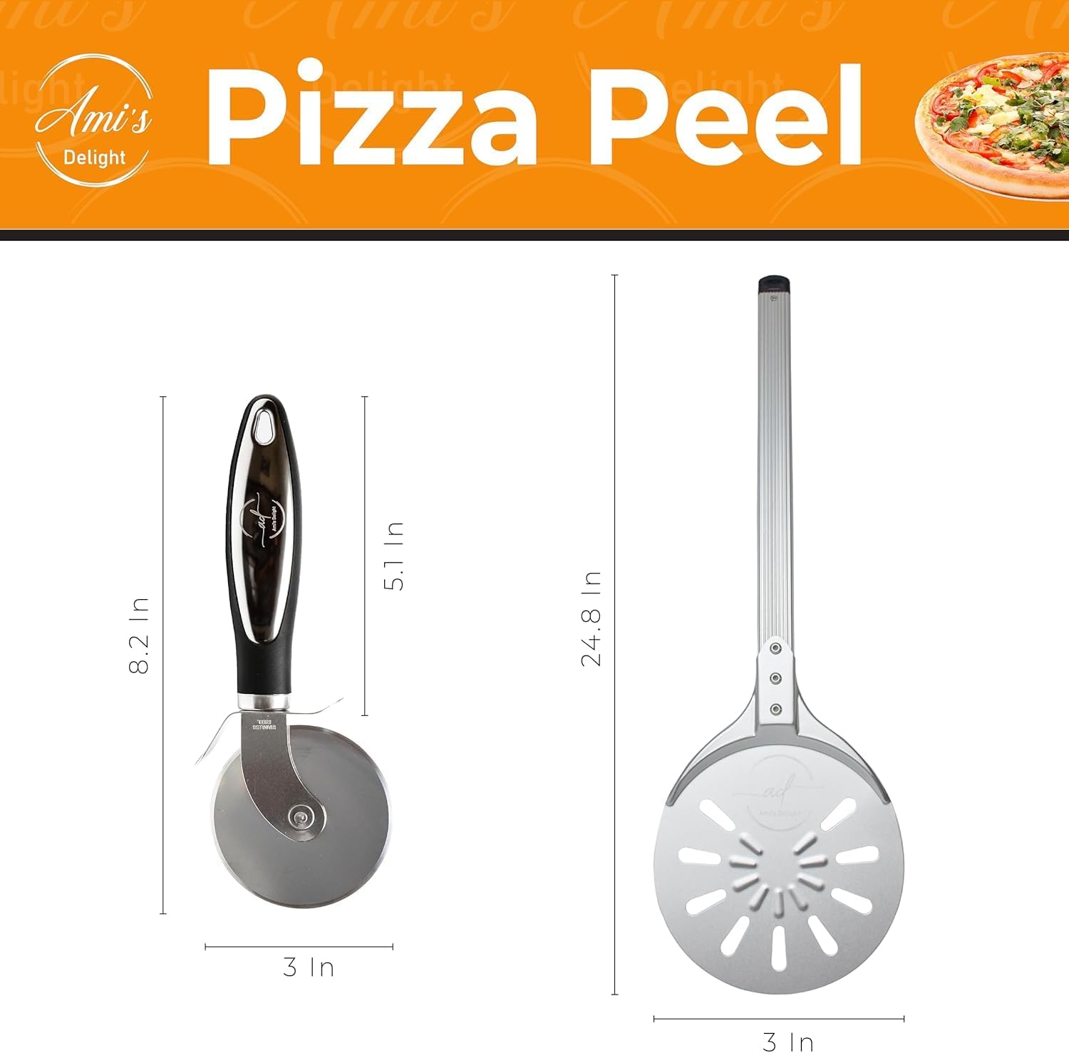 Ami’s Delight 8-Inch Perforated Pizza Turning Peel with Free Pizza Cutter | Lightweight Aluminum Pizza Peel Spinner