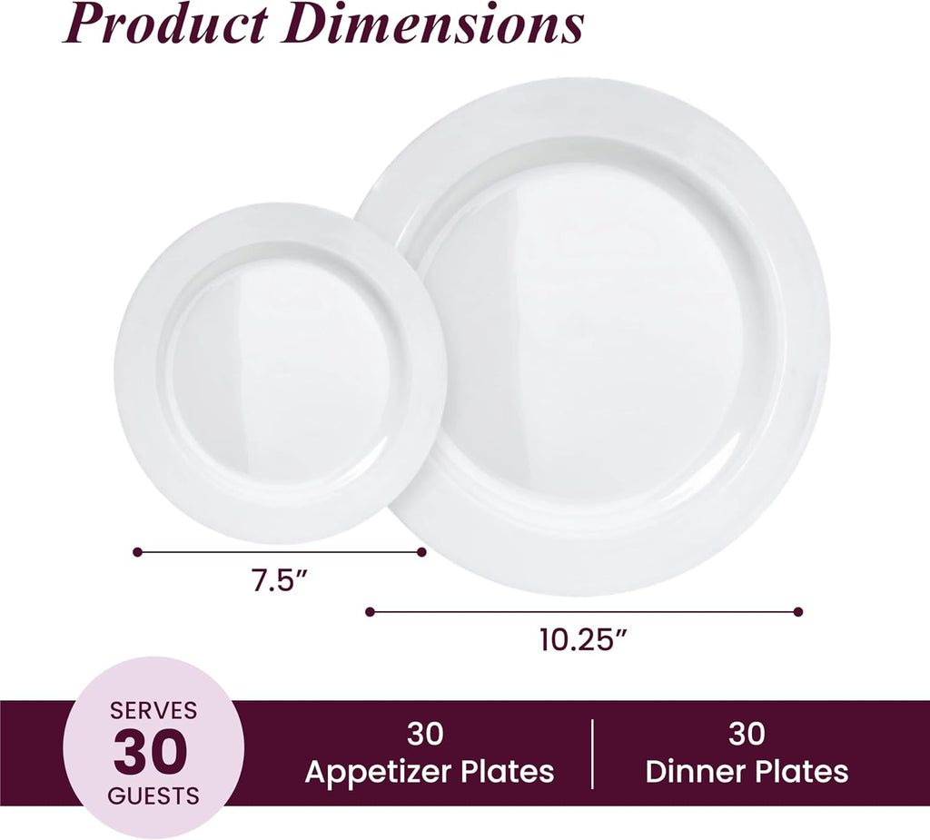 [60 PACK] Round Plastic Plates for Party | White Disposable Plastic Plates