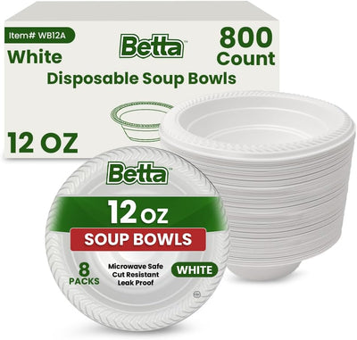 12 Oz Disposable Plastic Soup Bowls, White, 800 Count, Bulk Case for Schools, Breakrooms and Cafeteria, Microwave
