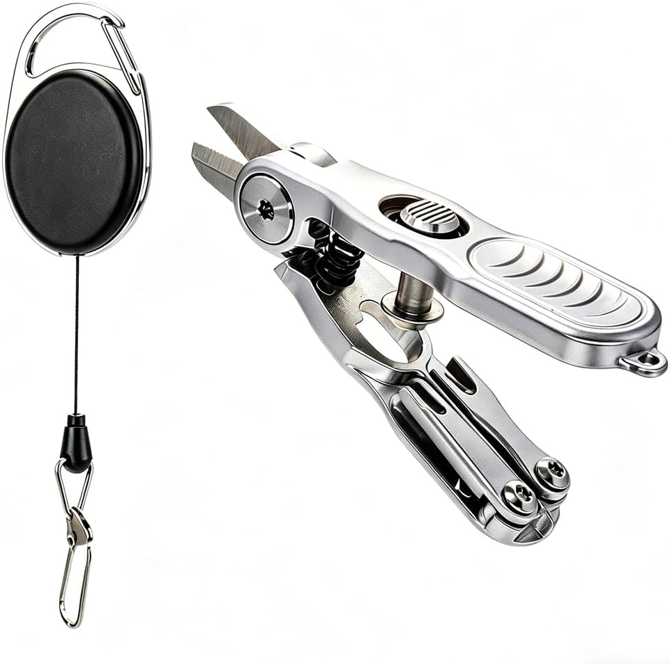Portable Fishing Line Cutter with Retractors, Hook Eye Cleaner and Knot Tying Tool, Stainless Steel Braided Line