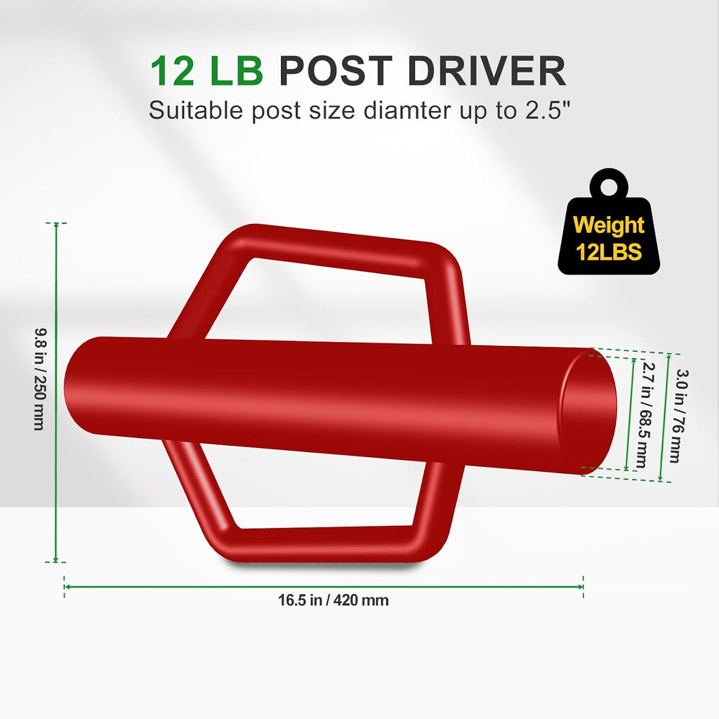Fence Post Driver with Handle 12LB, T Post Pounder for Wire Fencing, Red