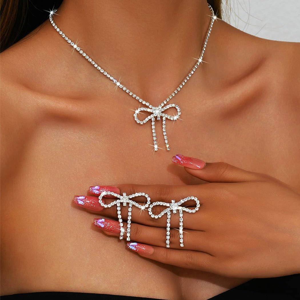 Silver Jewelry Sets Rhinestone Bow Necklace Earrings Set Prom Fashion Costume Jewelry Sets for Women