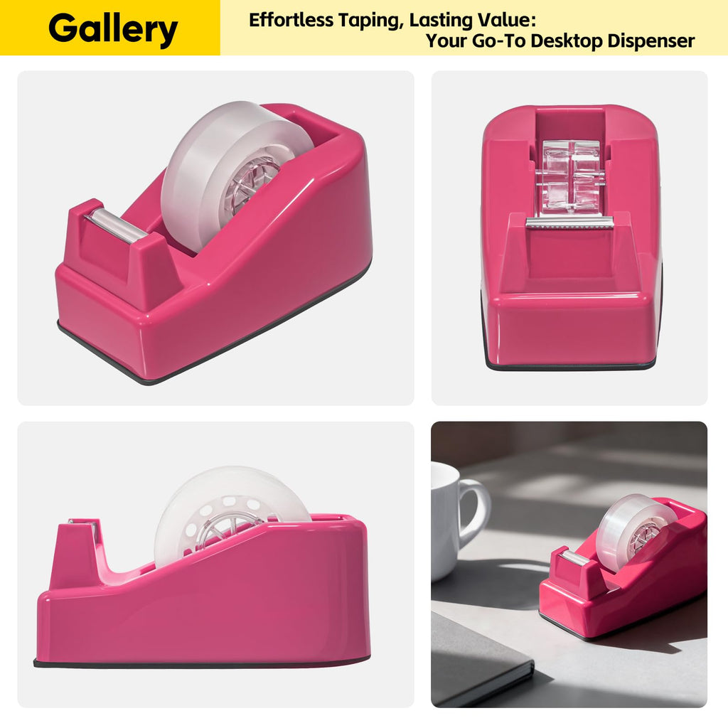 Compact Desktop Tape Dispenser with 6 Rolls 3/4" Clear Tape, Rose Red