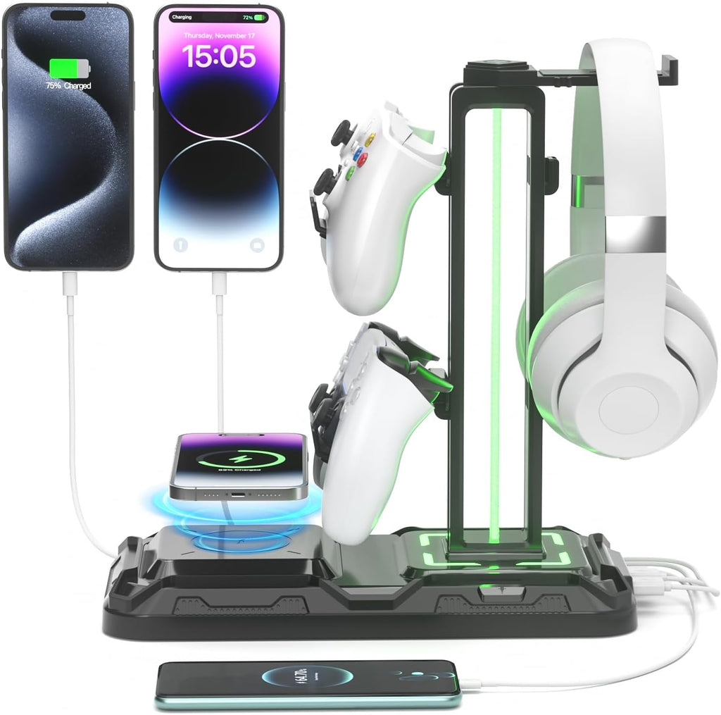 Headphone & Controller Stand with Wireless Charging - Rotatable Headset Stand with 9 Light Modes - Controller Holder