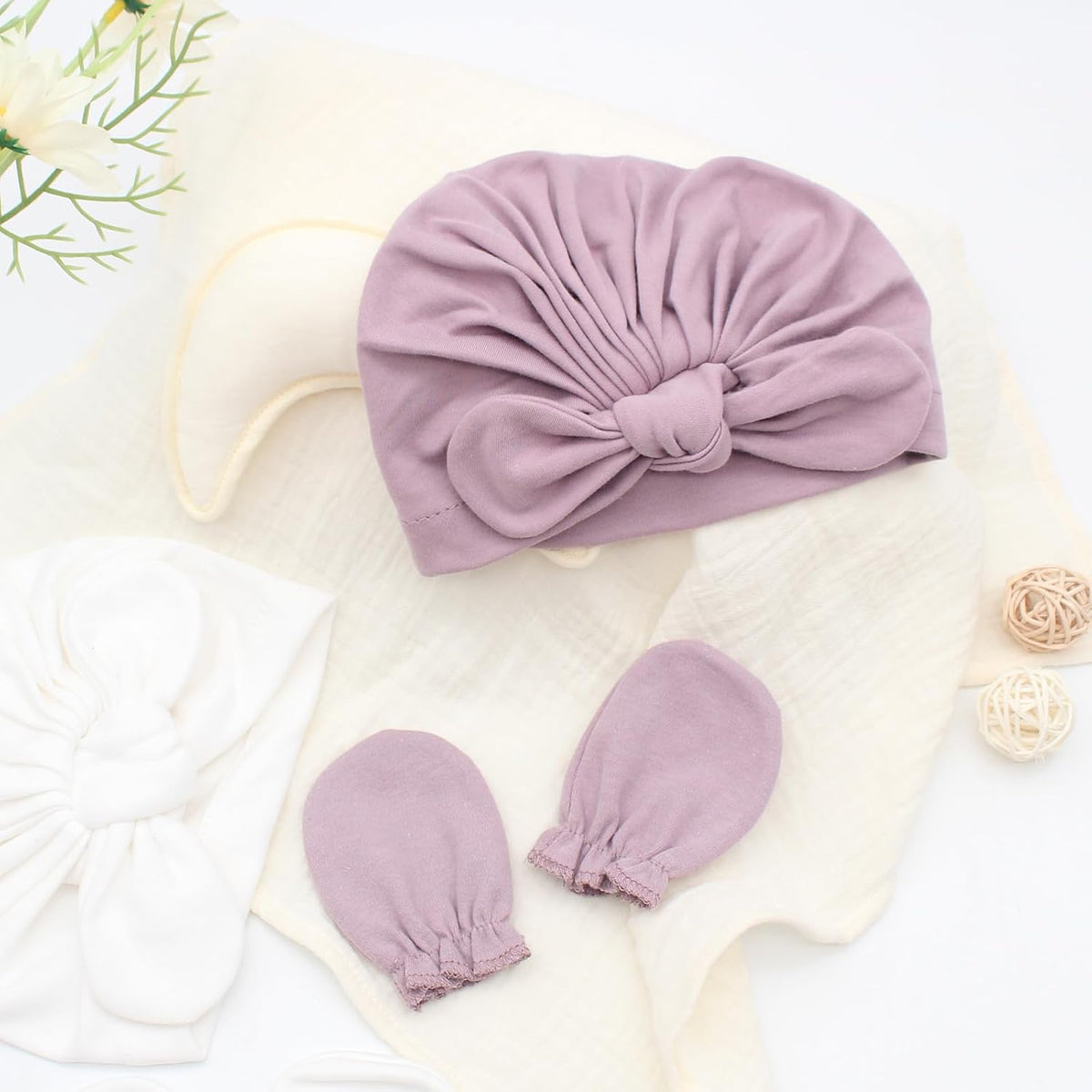 4PCS Newborn Baby Hospital Hats Beanie Bow Infant Caps Cotton Preemie Hats No Scratch Mittens Set for 0-1 Years Old
