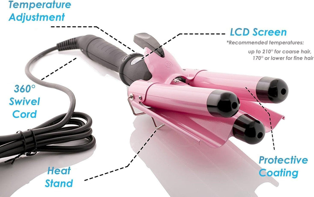 Three Barrel Curling Iron Wand with LCD Temperature Display - 1 Inch Ceramic Tourmaline Triple Barrels, Dual Voltage
