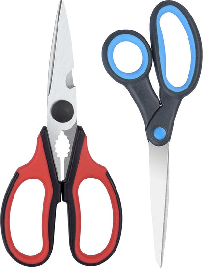 Left Handed Scissors and Kitchen Shears, Lefty Stainless Steel Sharp Blade Soft Comfort-Grip Handles Scissors, 2-Pack