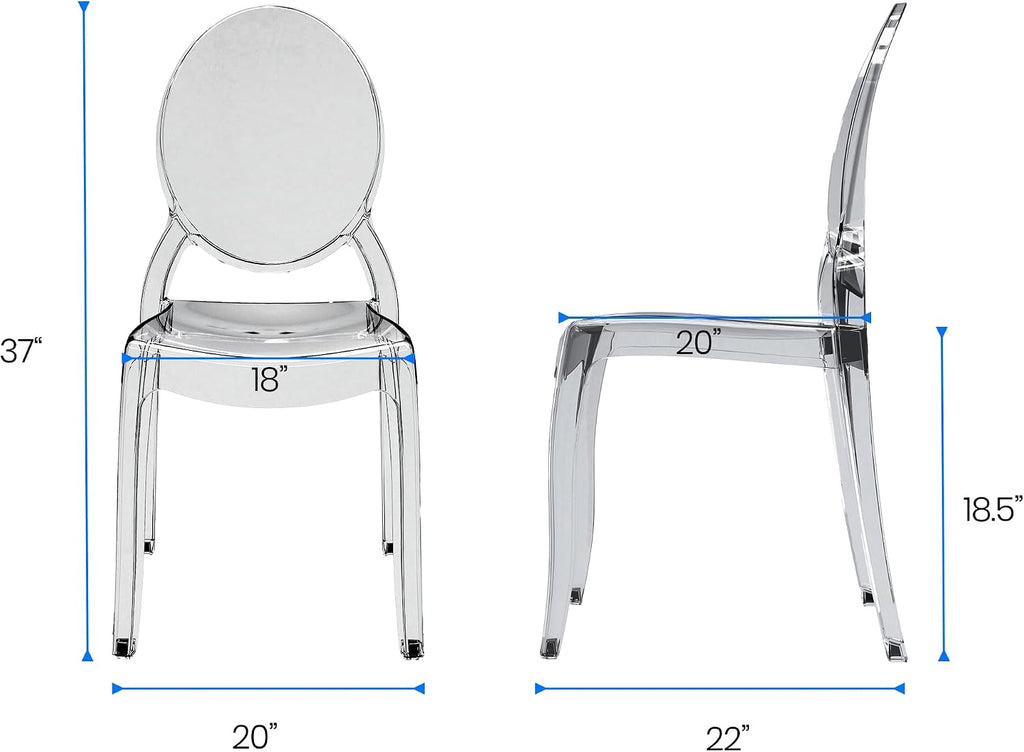 Large Acrylic Ghost Chairs Set of 4, 20 Inch Seat, Smoke Grey