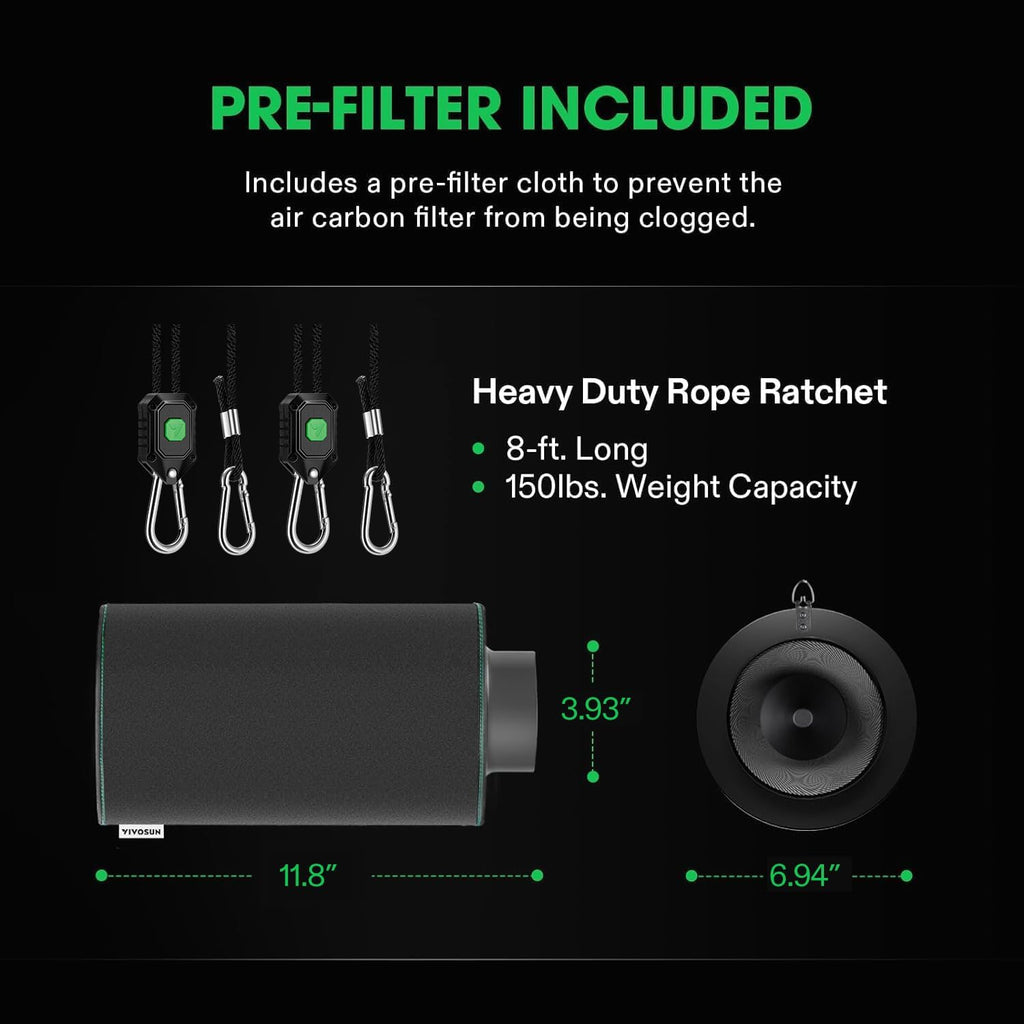4" Pro Carbon Filter & Pre-Filter 264 CFM for Inline Fan, Black | Odor Smoke Control with Australia Virgin Charcoal