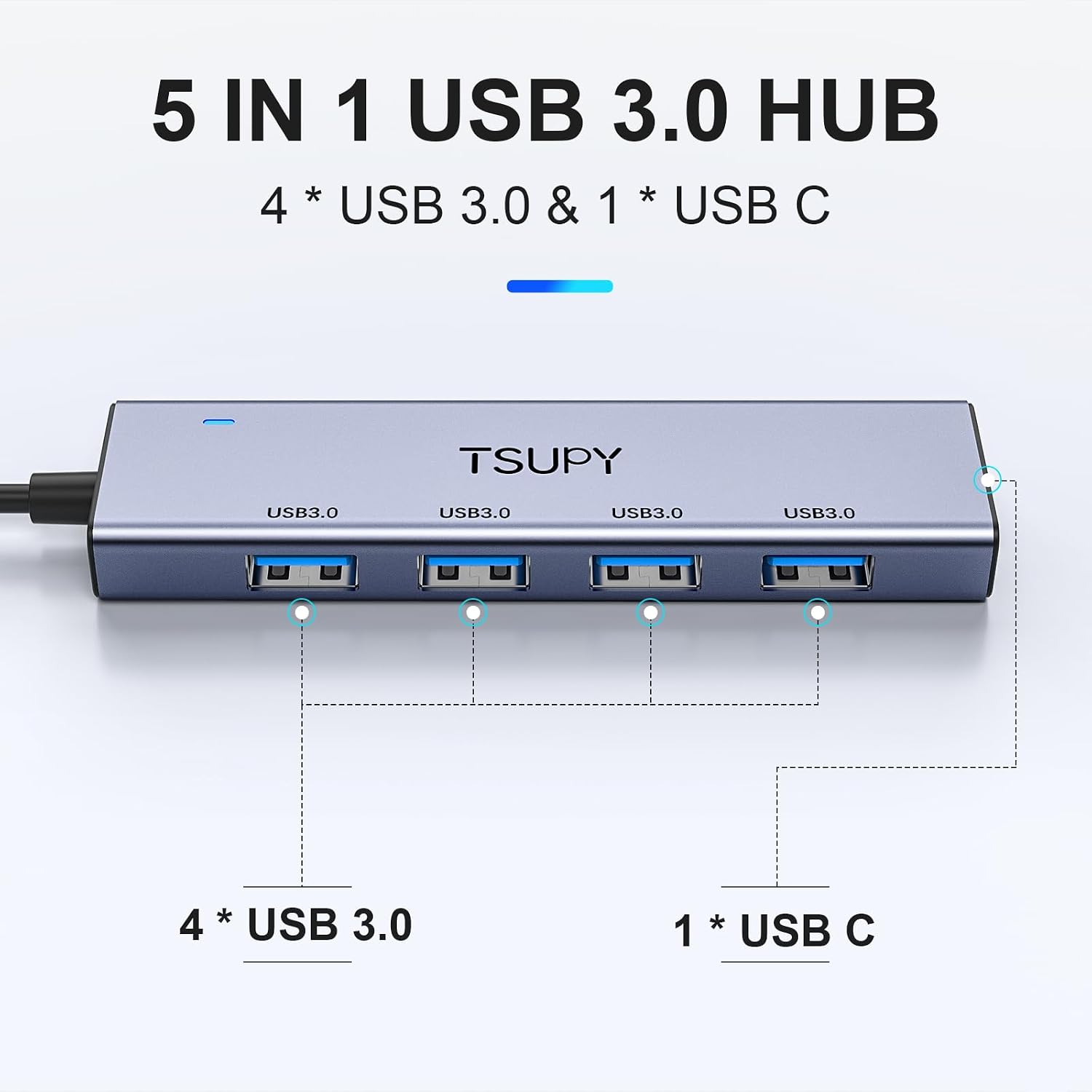 USB 3.0 HUB, TSUPY USB Splitter with 5 USB Ports and 4ft Extended Cable,Ultra-Slim Aluminium Data Hub Multi USB 3.0