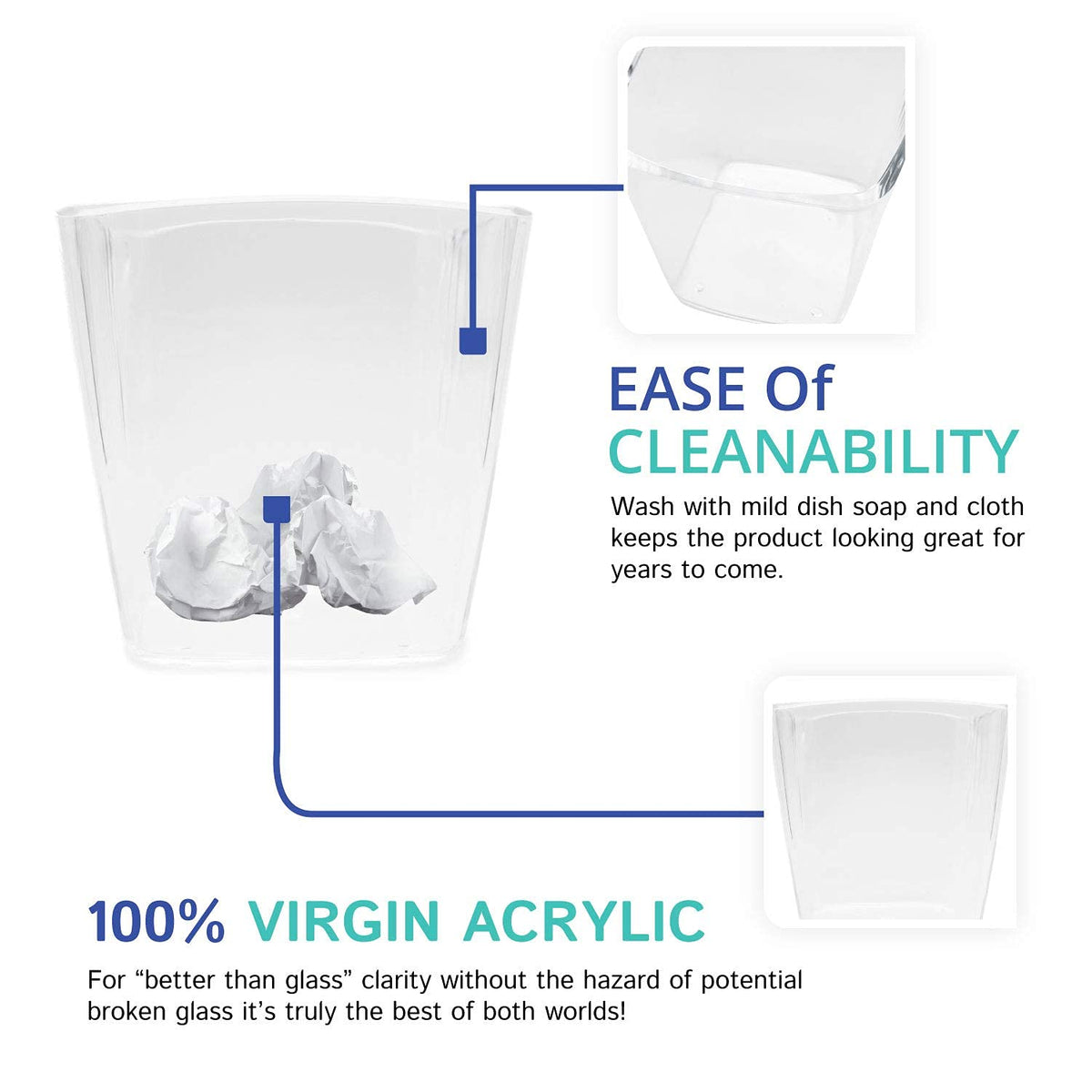 Clear Square Mini Wastebasket Trash Can | Garbage Container Bin for Bathrooms, Kitchens, Home Offices |