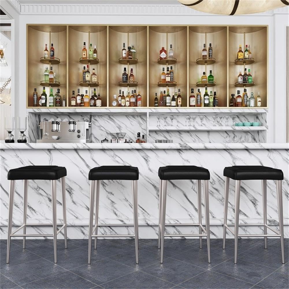 Set of 3 32" H Leather and Metal Square Backless Bar Stools -Black