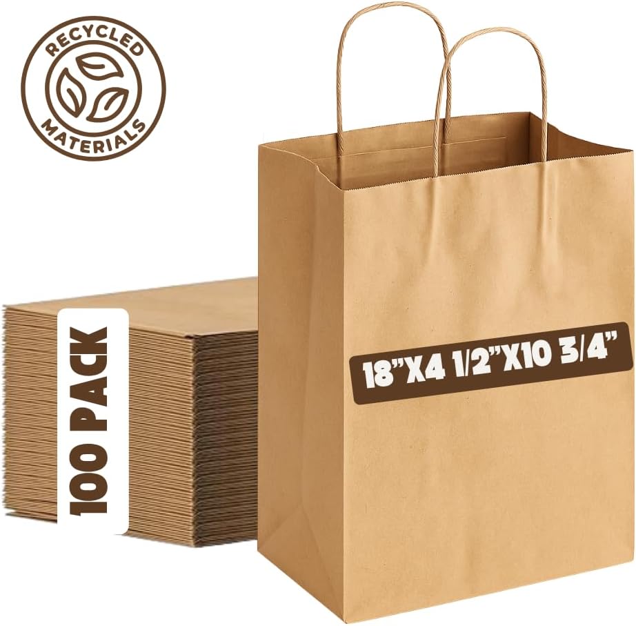 8" x 4.5" x 10.75" Natural Brown Paper Shopping Bags To Go Bag (100)