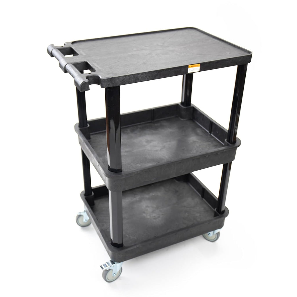 3-Shelf Multipurpose Mobile Utility Cart with 2 Bins and Lockable Wheels, Heavy-Duty Plastic Rolling Presentation