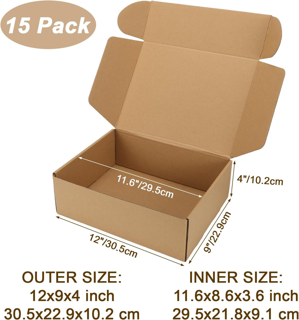 12x9x4 inch Cardboard Shipping Boxes, Set of 15 Gift Boxes, Brown