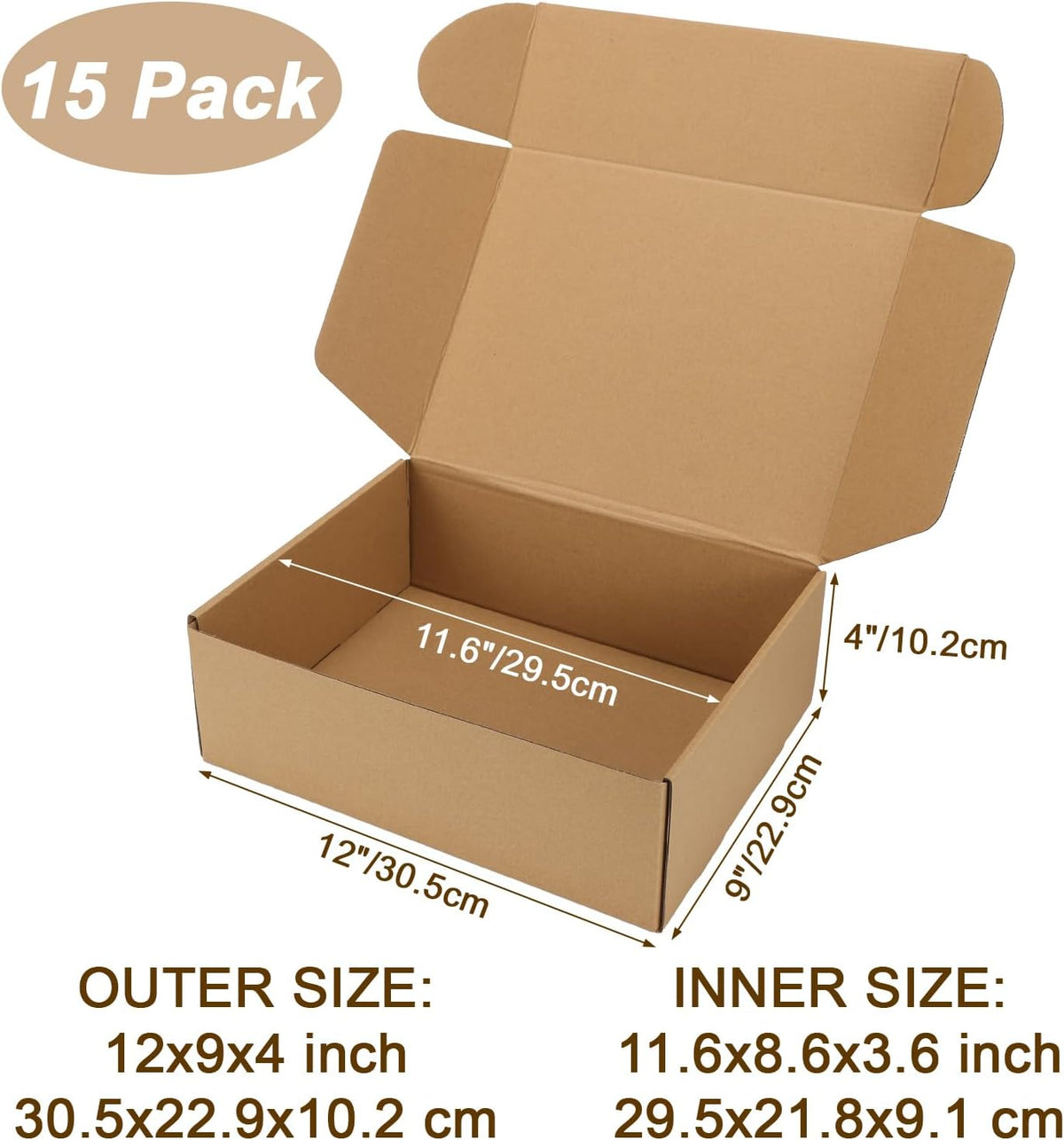 12x9x4 inch Cardboard Shipping Boxes, Set of 15 Gift Boxes, Brown