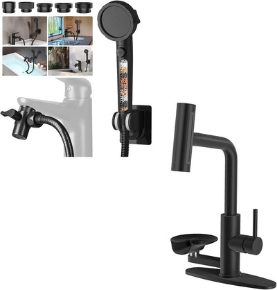 Matte Black Filtered Shower Sprayer with Sink Hose Attachment for Faucet & HOWUWEY Black Kitchen Faucet with Pull