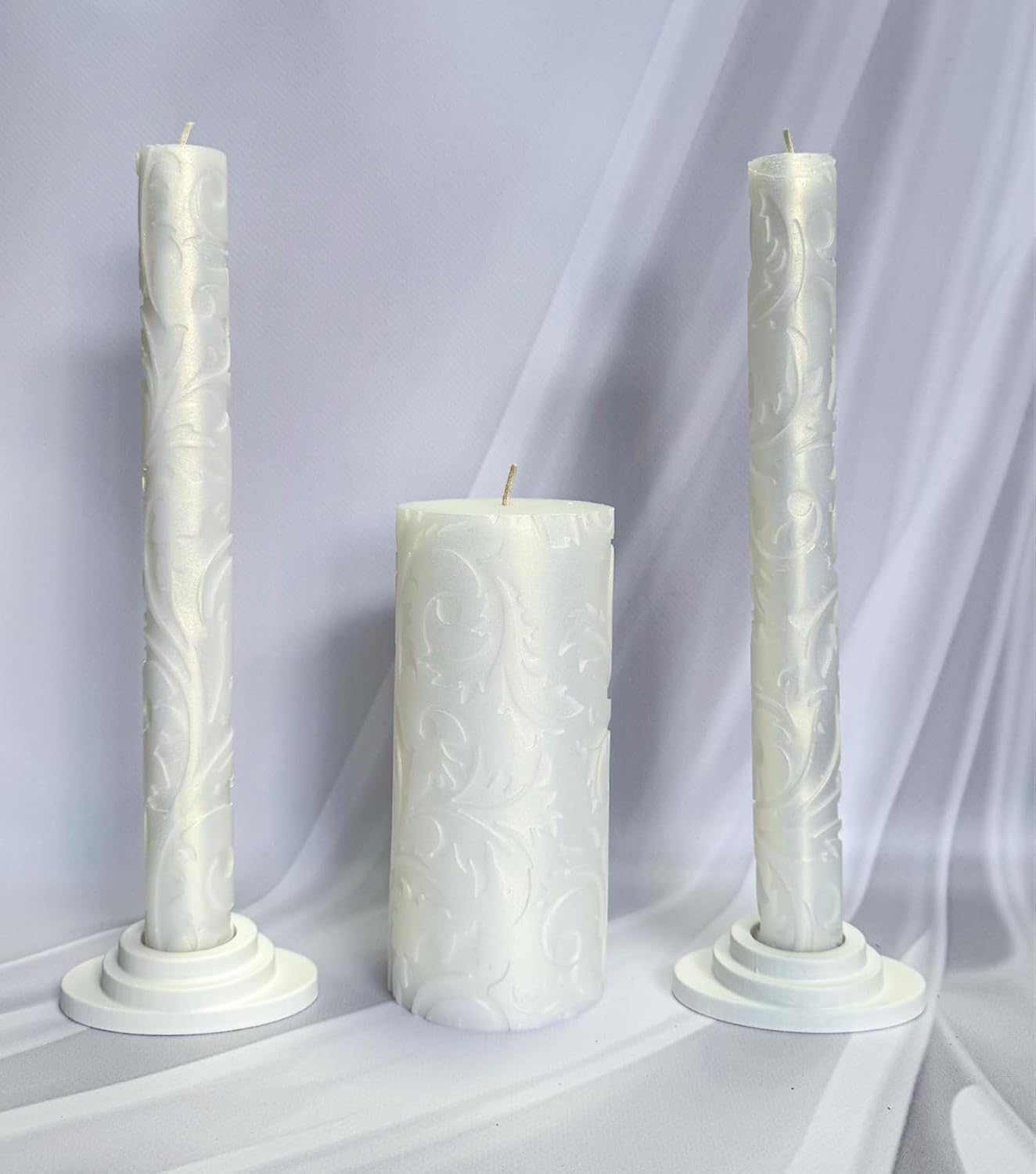 Ivory Baroque Unity Candle Set for Wedding Ceremony & Reception, Embossed White Handmade Wedding Candles, Unscented