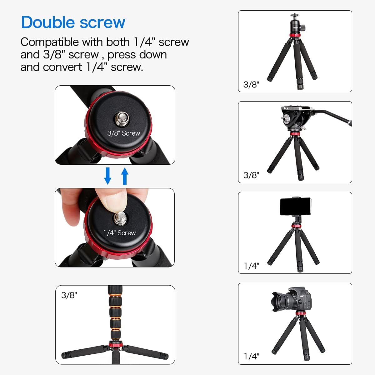 Camera Mini Tripod Table Stand - Compact Aluminum Desktop Tripod | 1/4" & 3/8" Screw Mount, Compatible with DSLR