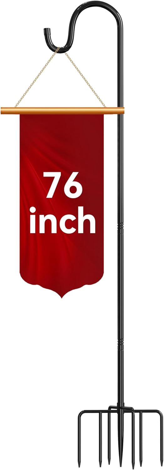 76" Adjustable Shepherd Hook for Outdoor, Heavy Duty Metal Bird Feeder Pole with 7-Prong Base, Garden Hook for