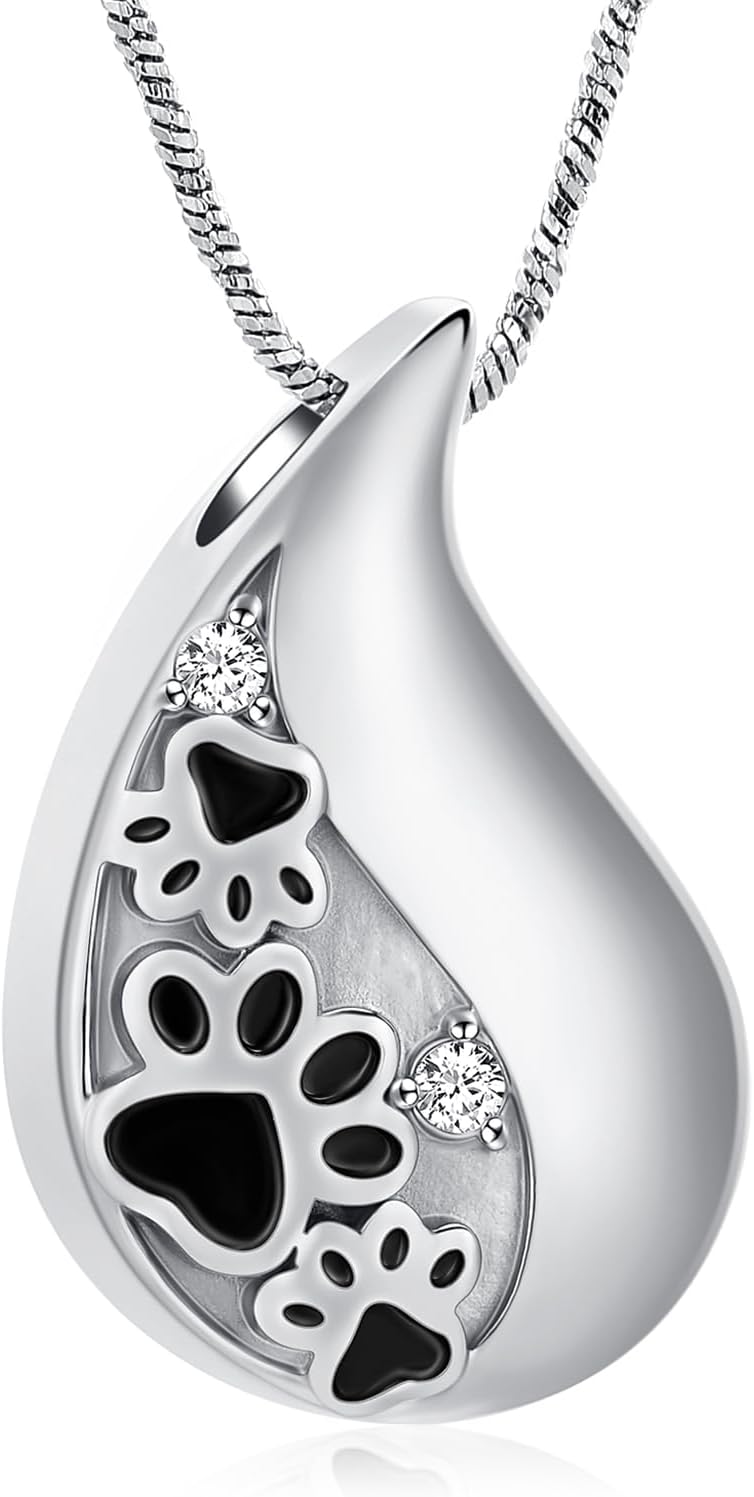 Pet Paw Print Teardrop Urn Necklace for Ashes for Dog/Cat Ashes Keepsake Memorial Pet Cremation Jewelry