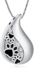 Pet Paw Print Teardrop Urn Necklace for Ashes for Dog/Cat Ashes Keepsake Memorial Pet Cremation Jewelry