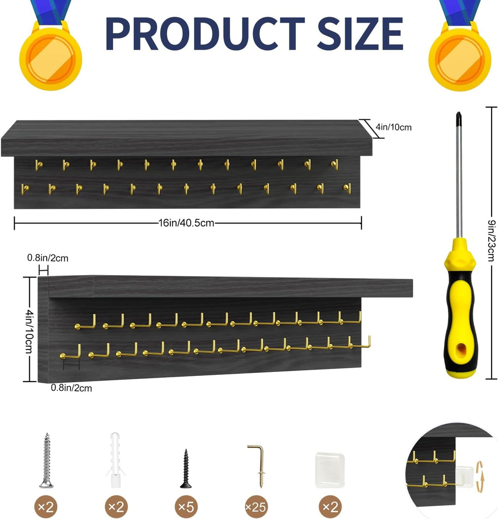 Medal Holder Display Trophy Shelf Organizer, Sturdy Wooden Race Award Hanger Rack with 25 Steel Hooks, Wall Mount