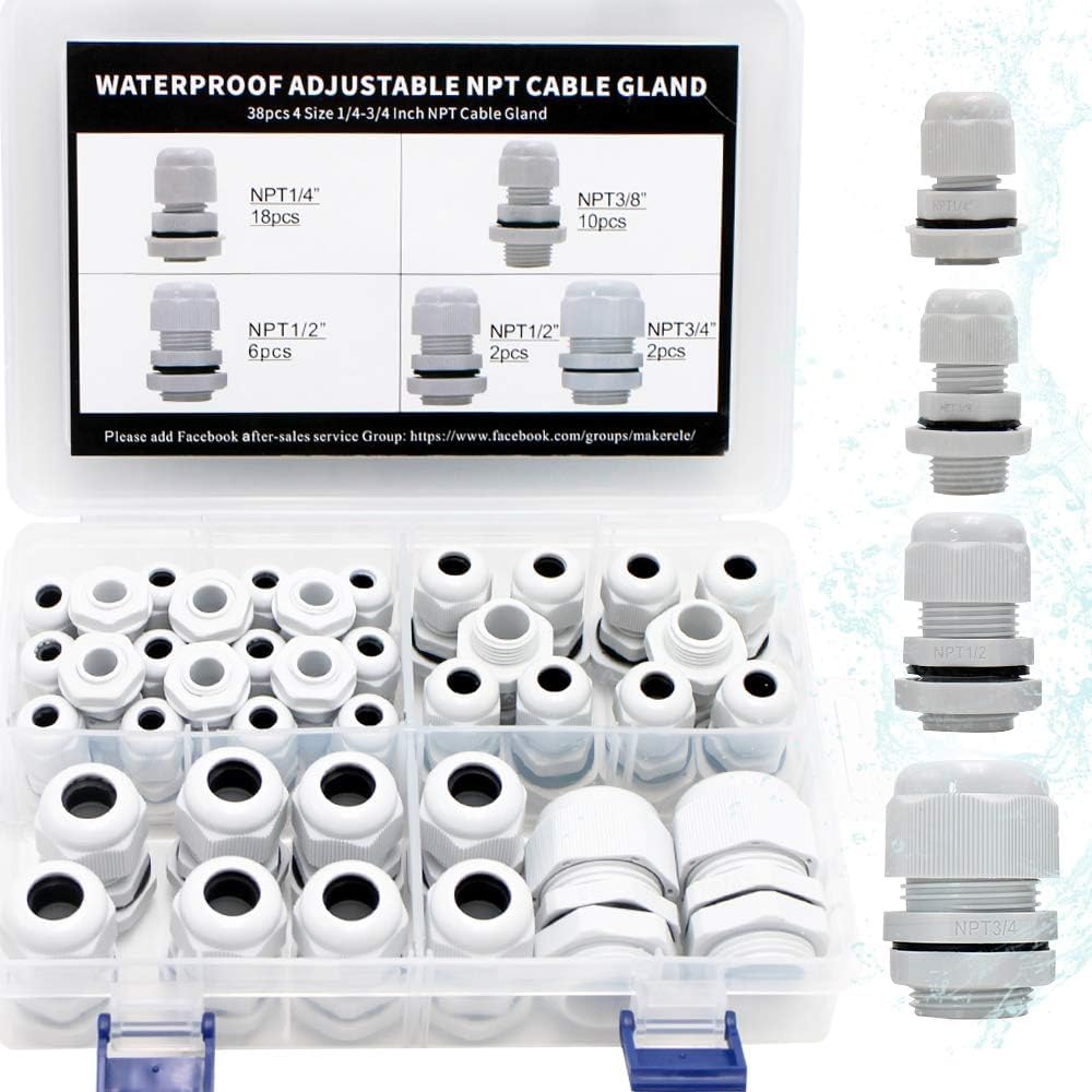 MAKERELE 38pcs NPT Cable Glands Kit Waterproof Strain Relief Connector