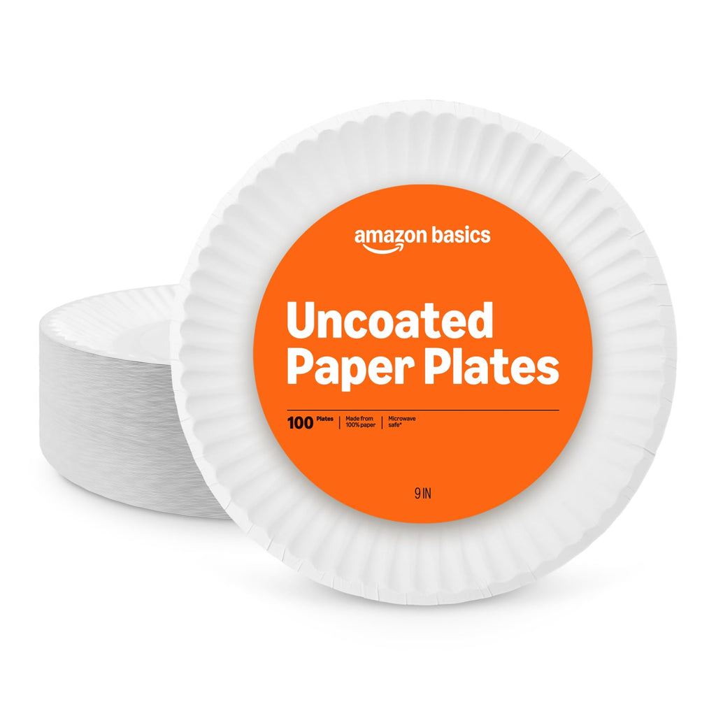 9" Uncoated White Paper Plates, Microwave Safe, 100 Count