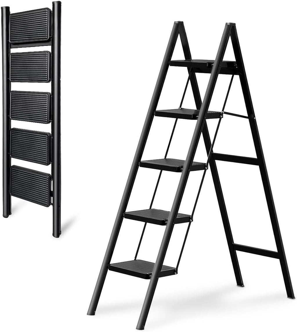 5-Step Folding Ladder for Home Use, Heavy-Duty Step Ladder with Anti-Slip Wide Steps, Portable Foldable Ladder, 330
