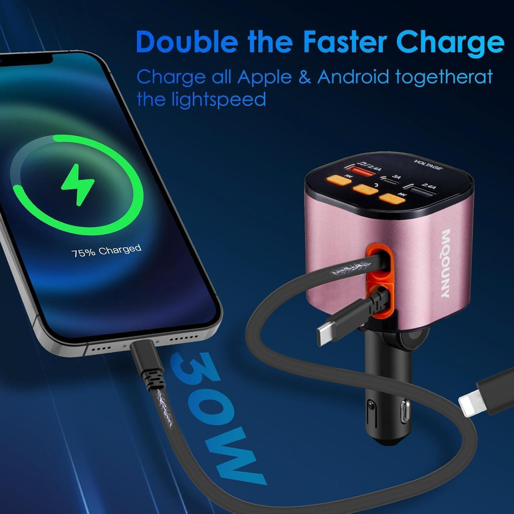 Retractable Car Charger,5 in 1 Fast Car Phone Charger 90W,Bluetooth 5.3 FM Transmitter Adapter,Handsfree Call,2