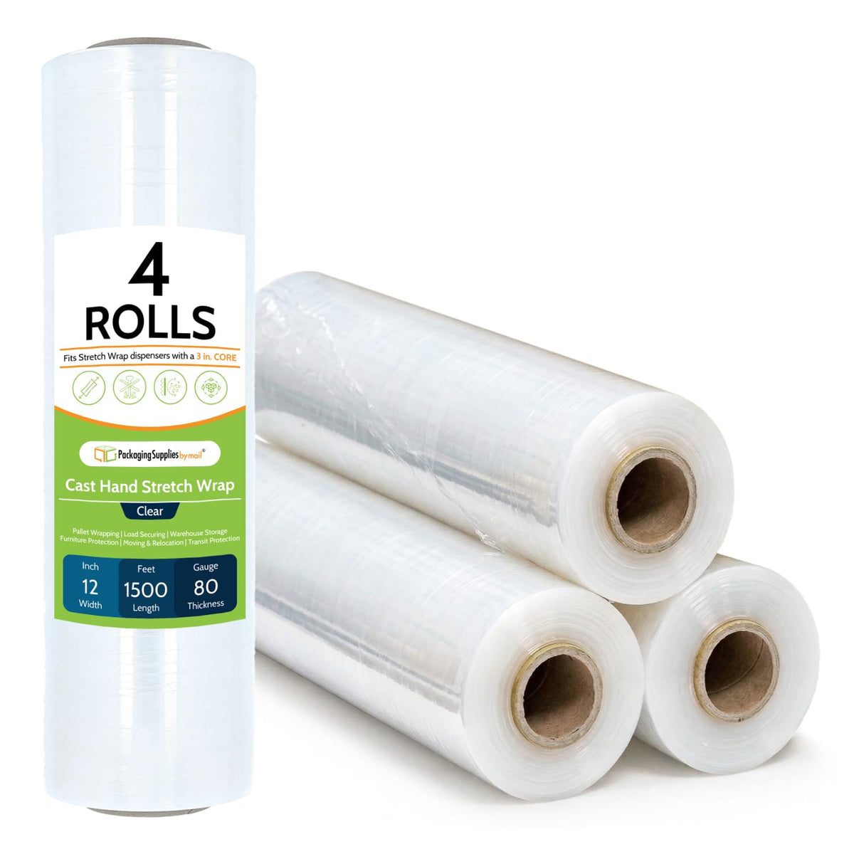PSBM Cast Hand Stretch Wrap Plastic Shrink Film 12" x 1500' 80 GA 4 Rolls