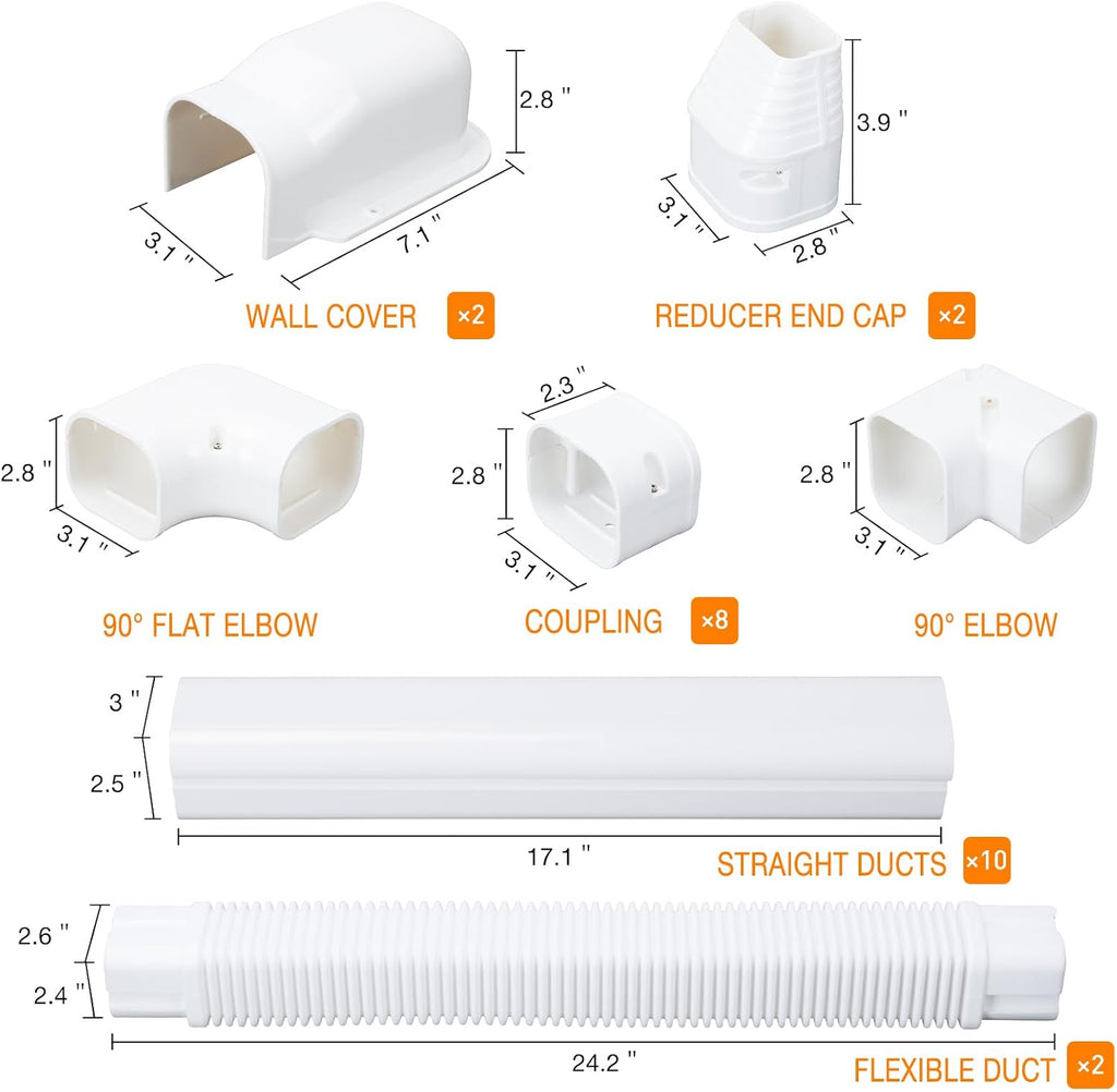3" 20Ft Mini Split Line Set Cover Kit, Decorative PVC Slim AC Line Covers | with Flexible Duct, Paintable
