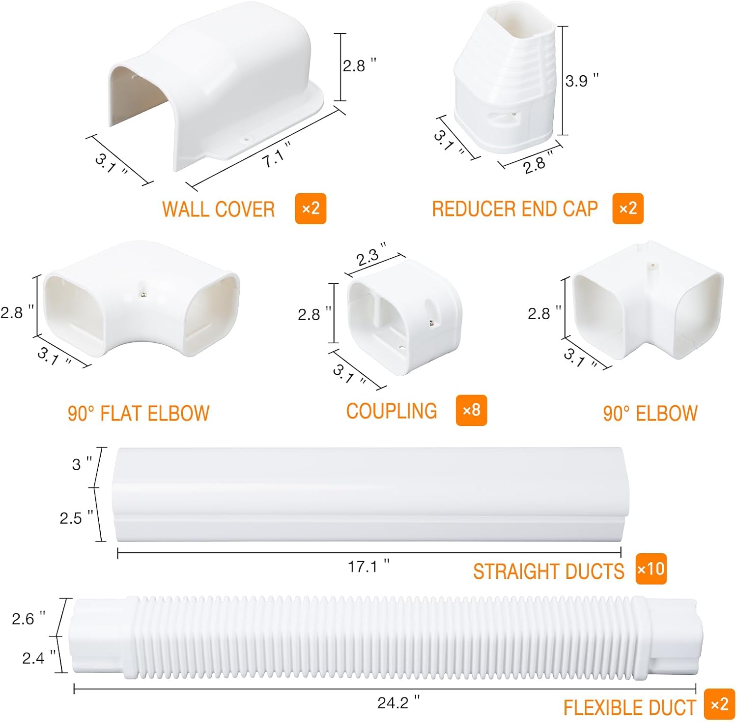 3" 20Ft Mini Split Line Set Cover Kit, Decorative PVC Slim AC Line Covers | with Flexible Duct, Paintable