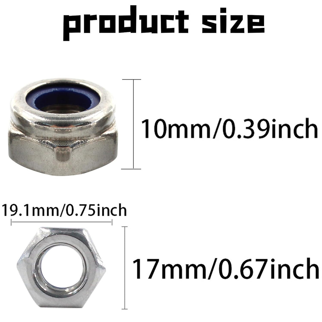 10PCS Stainless Steel 304 Lock Nuts, M10-1.5 Nylon Insert Hex Lock Nuts