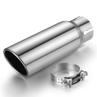 Exhaust Tip 3" Inlet 4" Outlet 12" Long, High Performance Stainless Steel, Rustproof Polished Finish, Rolled Angle