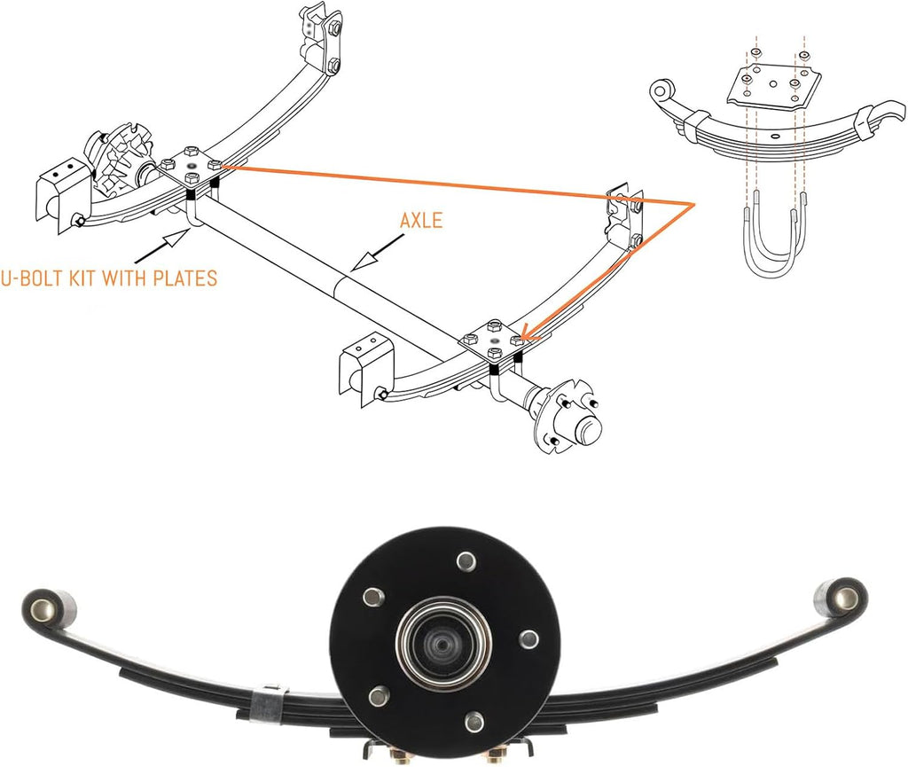 3500 lb Single Trailer Axle Suspension Kit with Hubs - Leaf Springs, Hanger, U-Bolt kit (85'' Hubface/70'' Spring