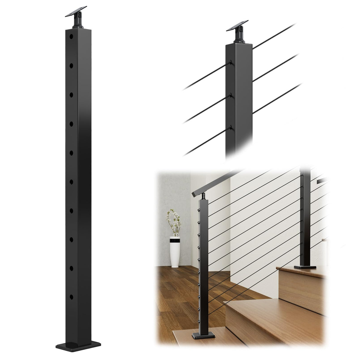 36" Black Cable Railing Post Surface Mount Angle Drilled PS01 BA4S