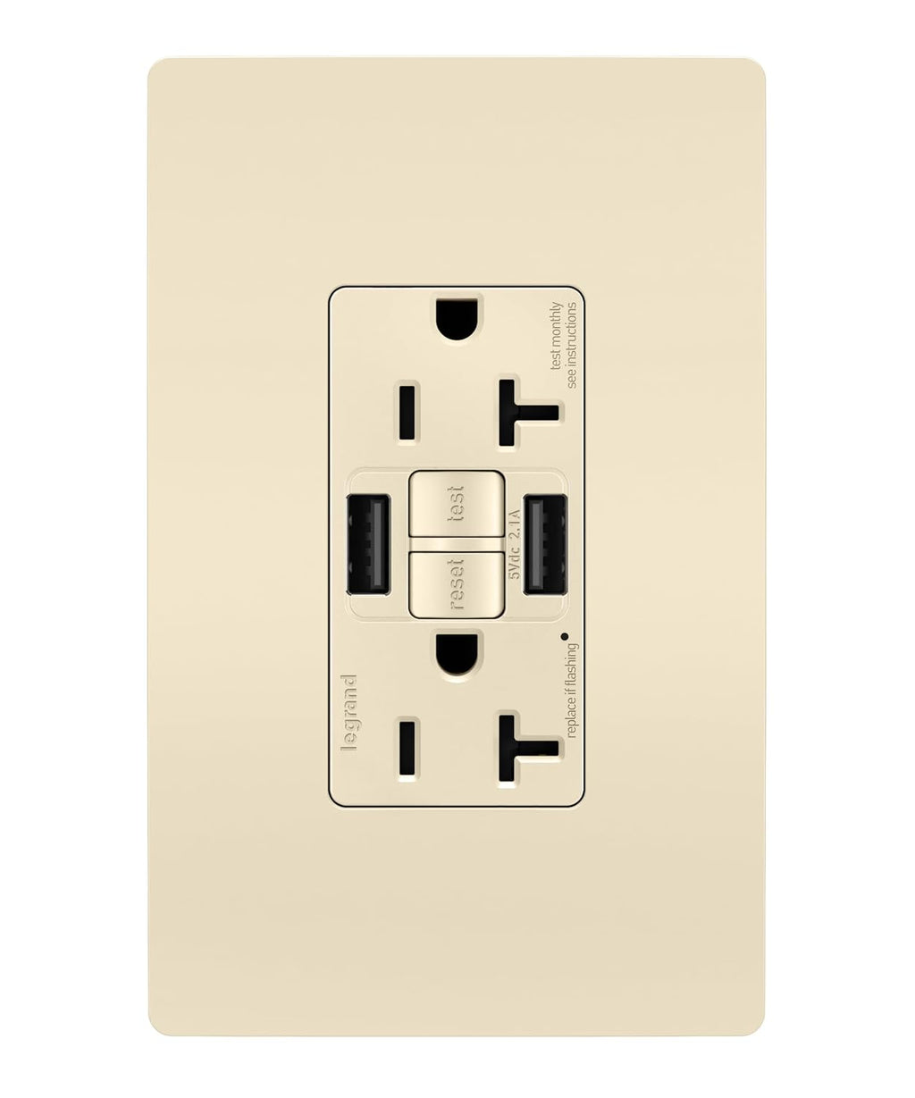 Legrand Radiant 20 Amp TR GFCI Outlet USB Type A Light Almond 1 Pack
