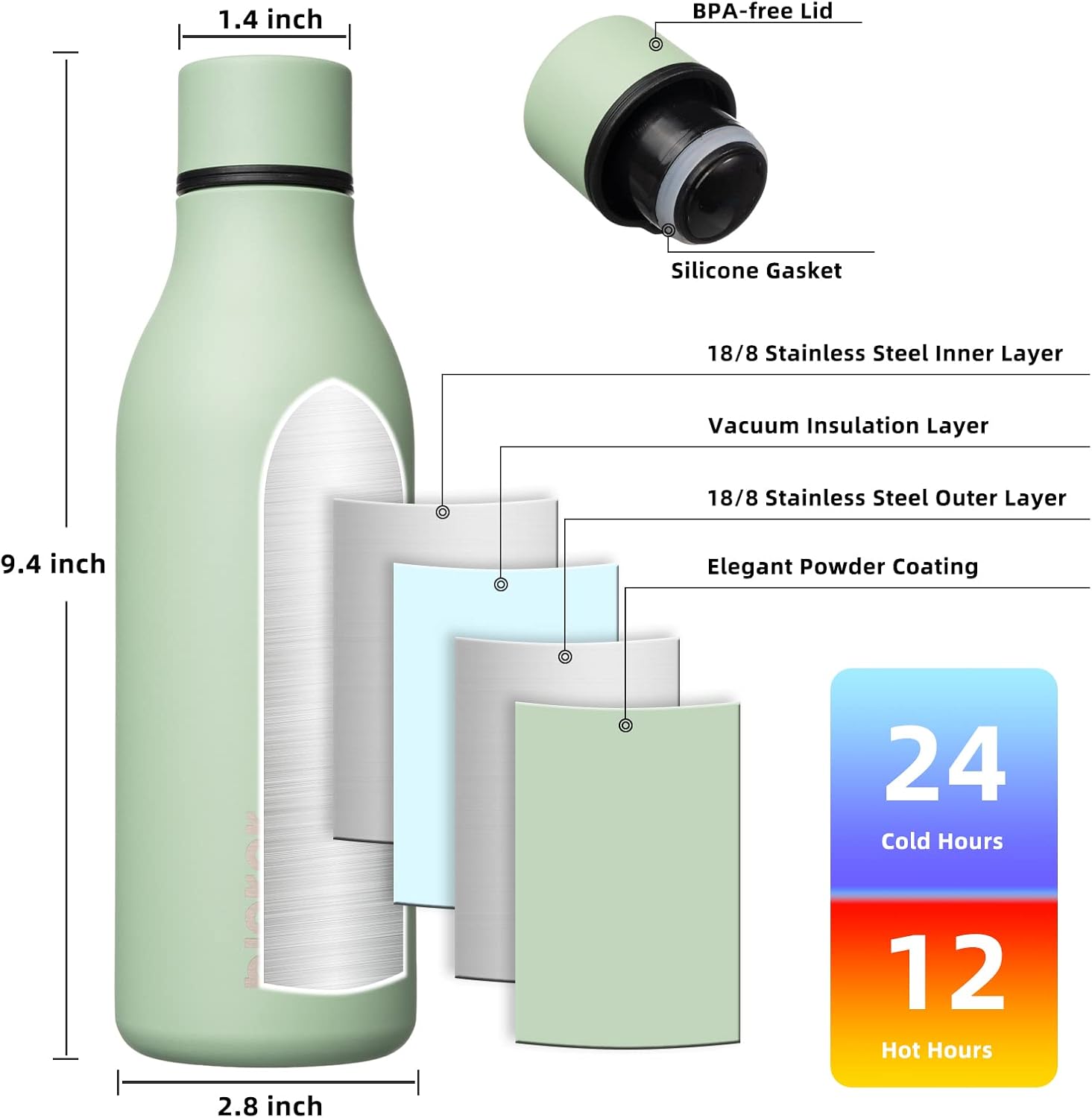 18oz Insulated Water Bottle, Stainless Steel Bottle with Carry Strap | Keep Cold & Hot Vacuum Insulation, Leak-Proof