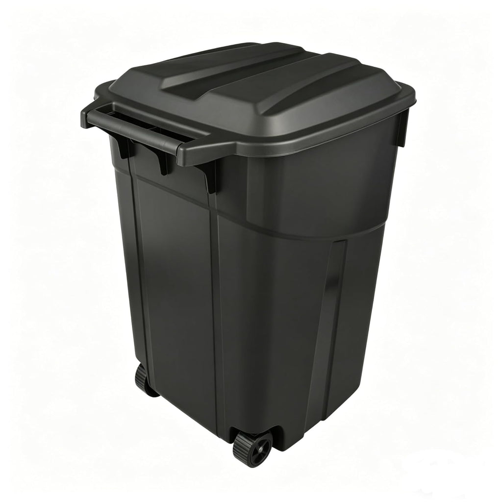 45 Gallon Heavy Duty Wheeled Outdoor Trash Can, Rubbish Bin with Attached Lid, with Easy-Grip Handle, Garbage Can for
