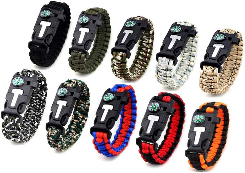 MQQC Kissmi 10 Pack Paracord Bracelet Survival Gear with Compass, Fire Starter, Whistle and Emergency Knife,Best