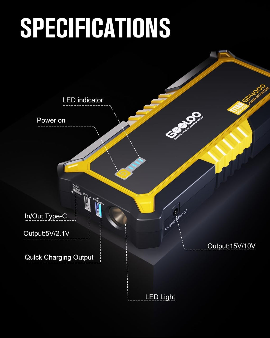 GP4000 Jump Starter - 4000A 12V Car Battery Jumper Starter Portable