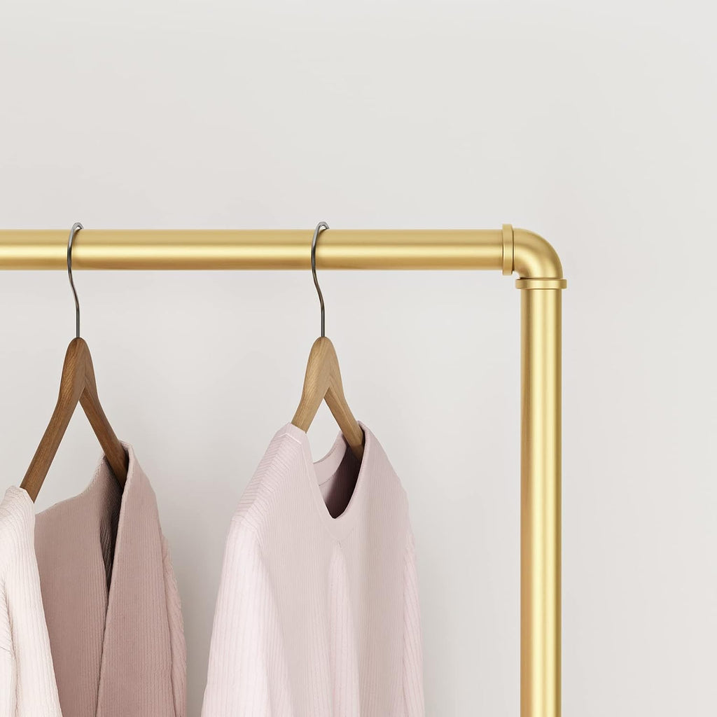 Industrial Gold Clothing Racks on Wheels, Boutique Display Gold Clothes Rack with Shelf, Rolling Garment Rack for