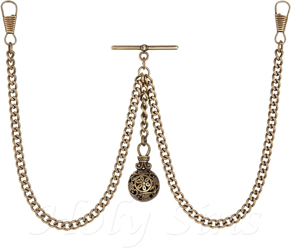 Made in The UK Bronze Colour Double Albert Pocket Watch Chain with Hollow Pendant