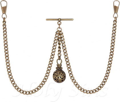 Made in The UK Bronze Colour Double Albert Pocket Watch Chain with Hollow Pendant