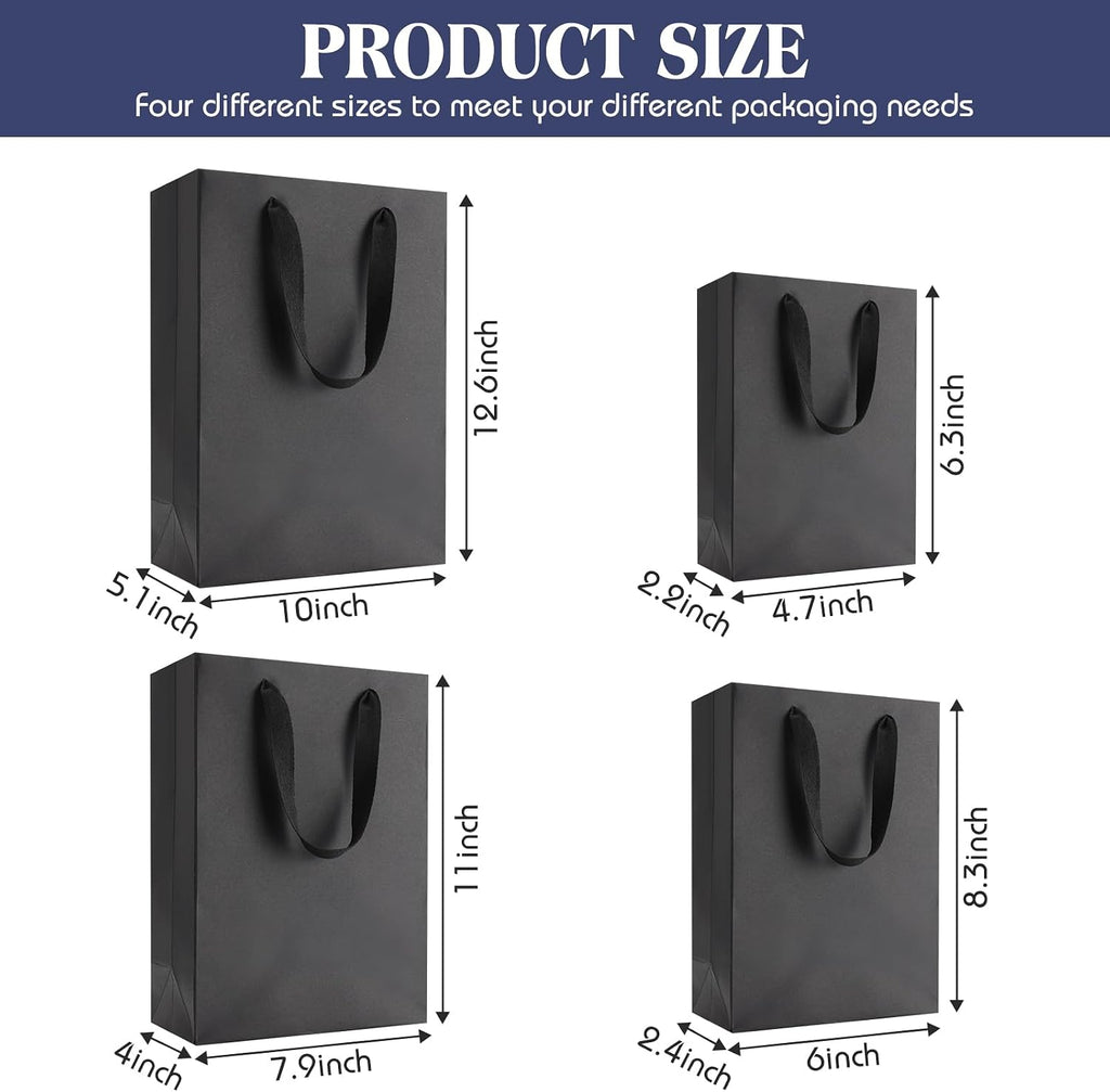 40 Pack Kraft Gift Bags with Handles 4 Sizes,Vertical,Black