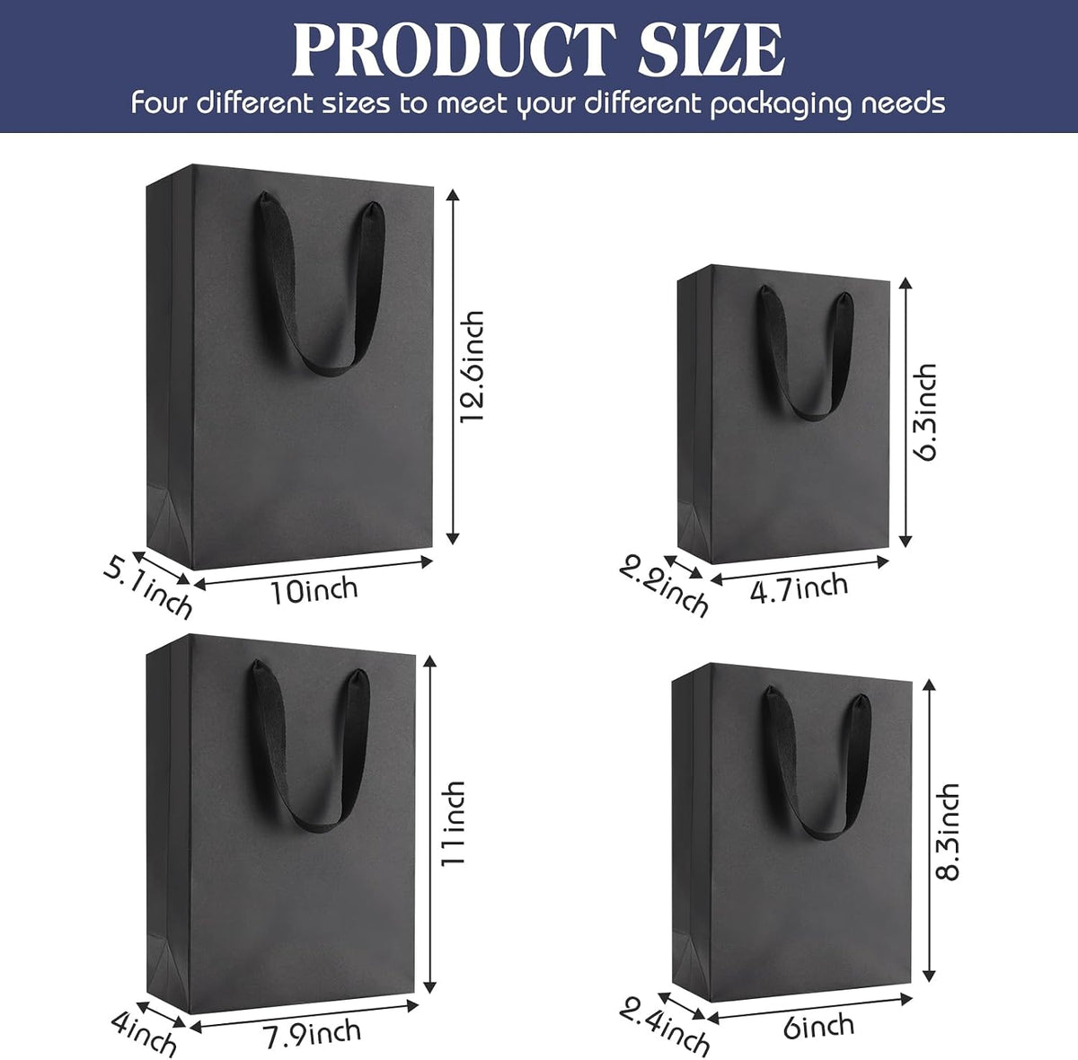 40 Pack Kraft Gift Bags with Handles 4 Sizes,Vertical,Black